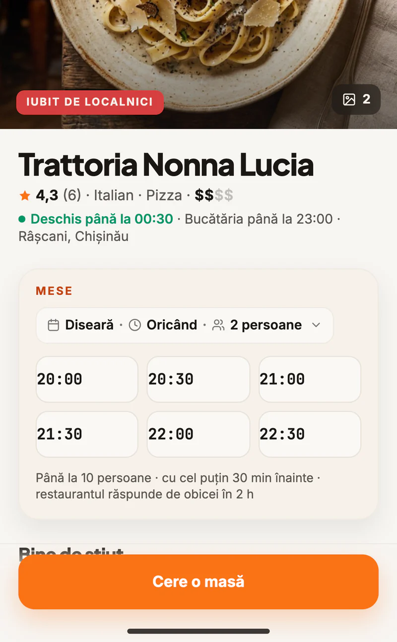 Pagina unui restaurant în aplicația HaiLa pentru clienți, cu orele la care se poate cere o masă diseară și butonul Cere o masă. Date demonstrative.