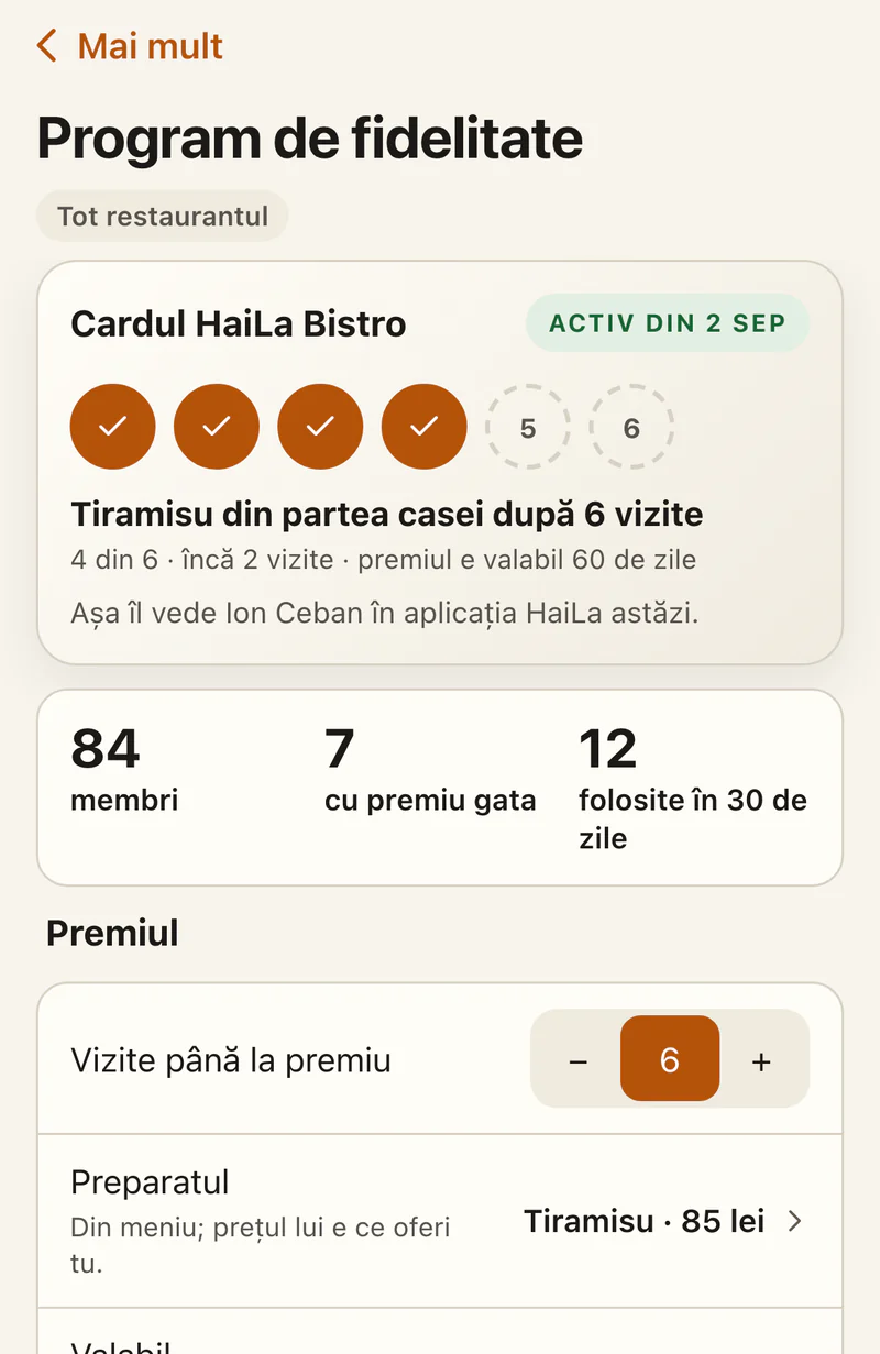 Ecranul Program de fidelitate din aplicația HaiLa pentru restaurante: cardul cu ștampile, numărul de membri și premiul stabilit de restaurant. Date demonstrative.