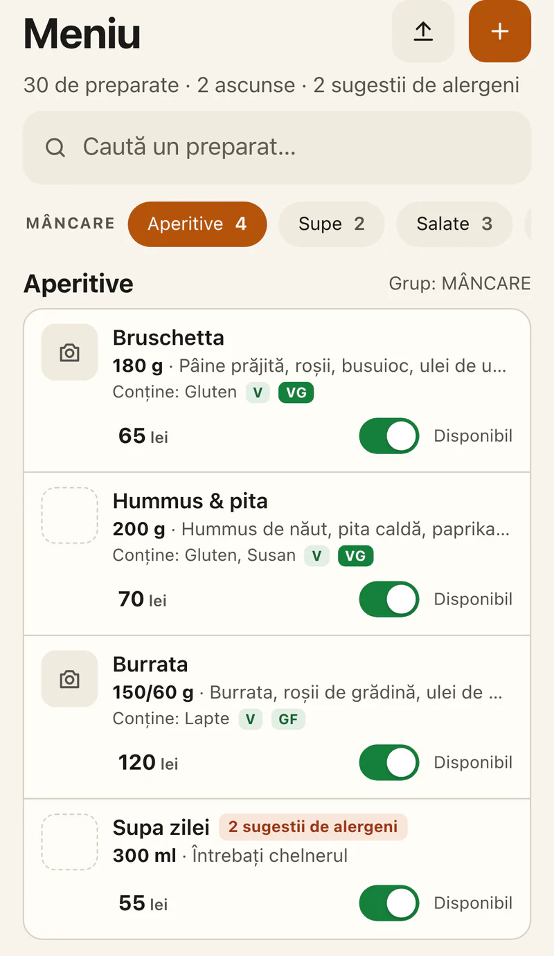 Ecranul Meniu din aplicația HaiLa pentru restaurante: categoria Aperitive, cu preparate, prețuri, alergeni și comutatorul Disponibil