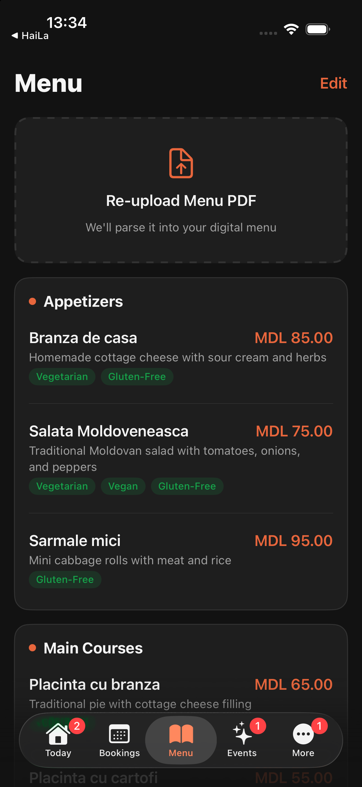 HaiLa Lite PDF menu parser and editable digital menu