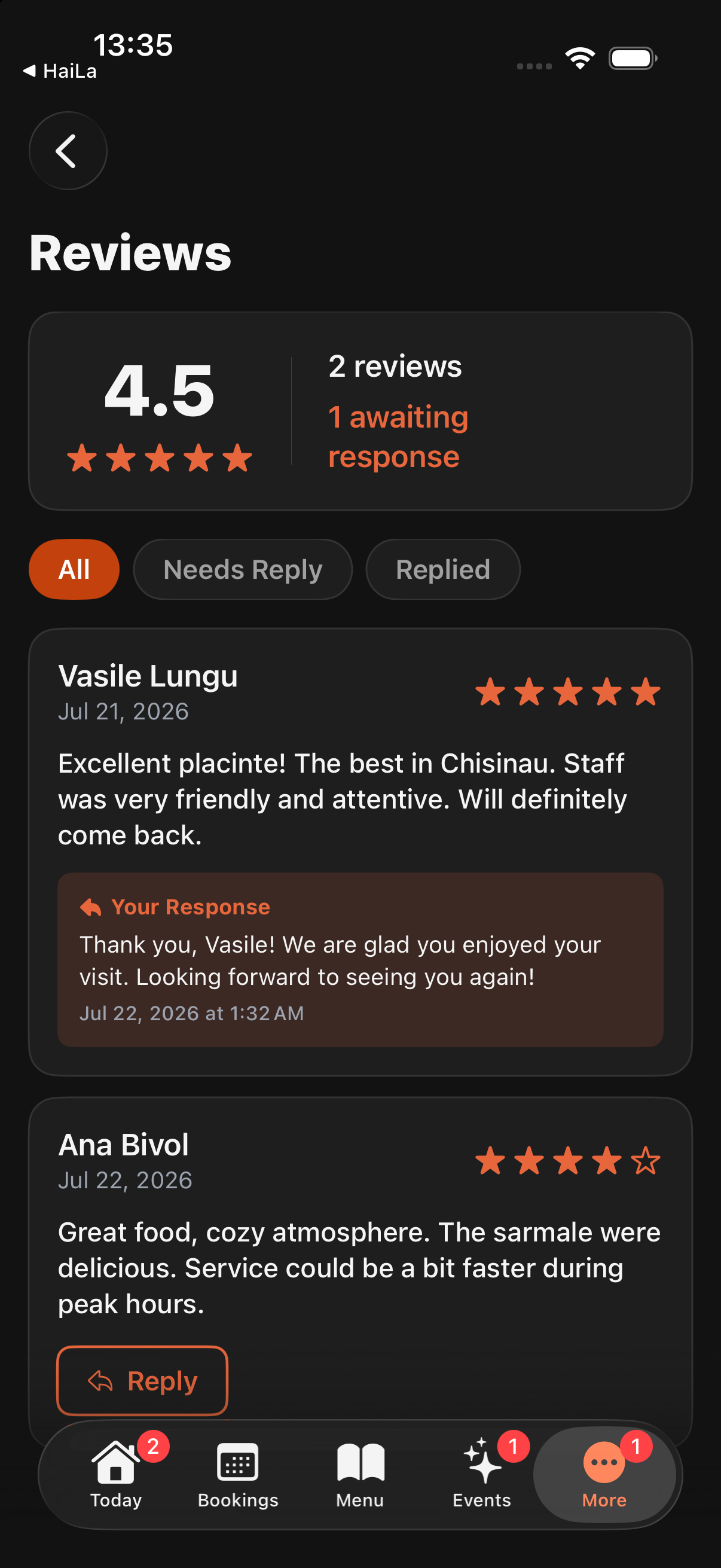 HaiLa Lite verified review and restaurant reply workflow
