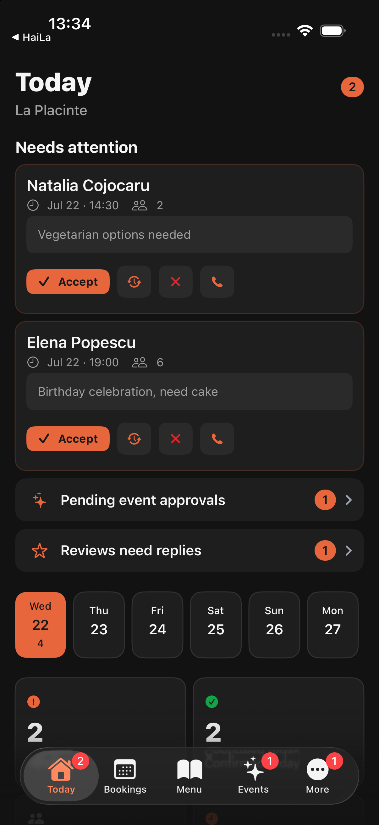 HaiLa Lite dashboard with reservation requests and upcoming service