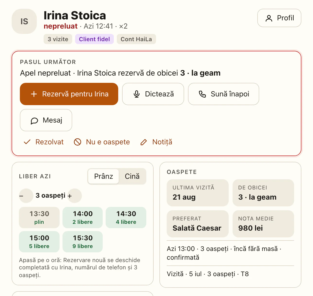 Ecranul Apeluri din HaiLa Pro: un client fictiv care a sunat, cu butonul Rezervă pentru el, orele libere de azi, ultima vizită și preferințele lui.